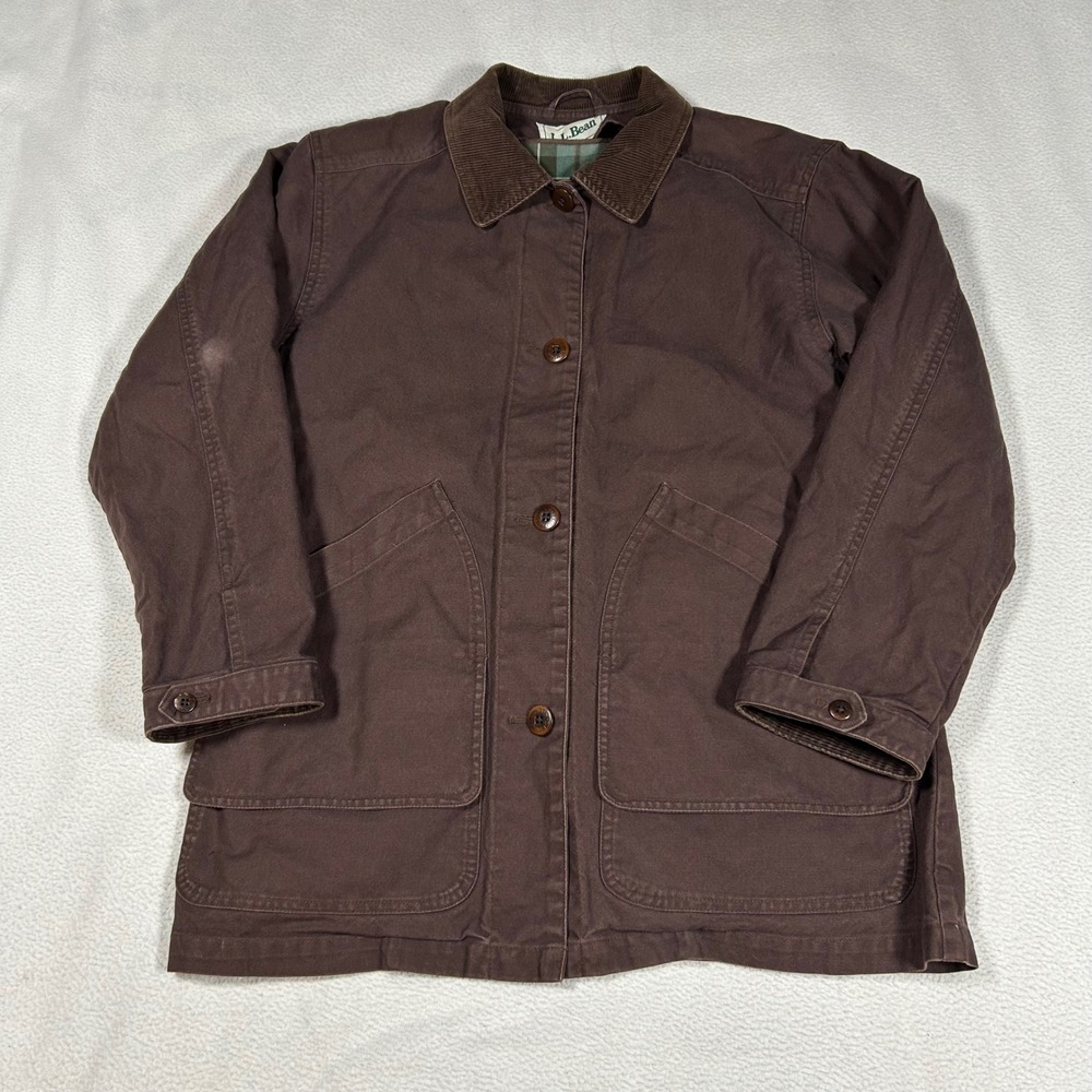 LL Bean Barn Jacket Womens Small Brown Plaid Lined Corduroy Trim Field Coat